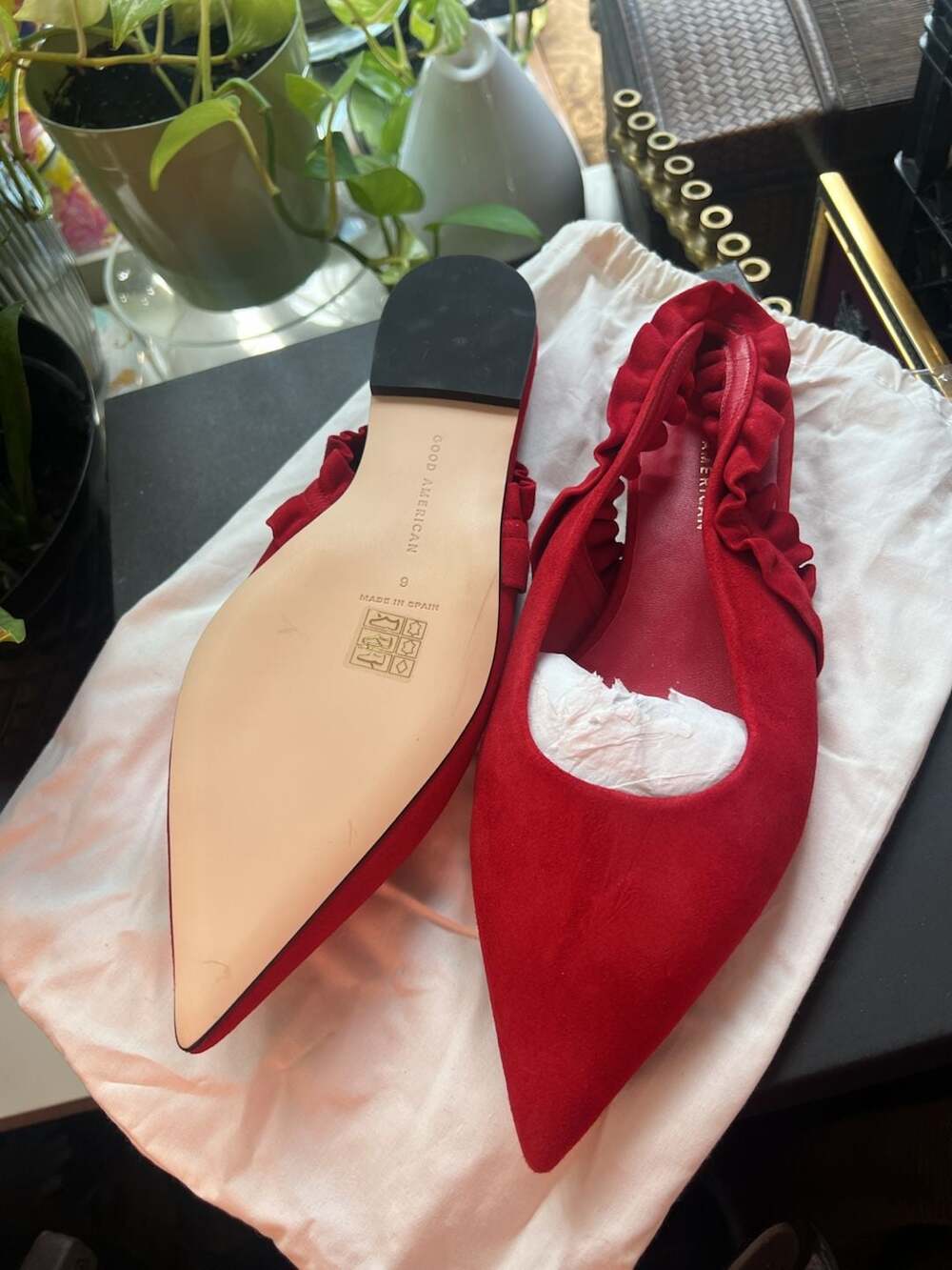 Good American Ruffle Slingback Flats Size 9 Red Suede Pointed Toe